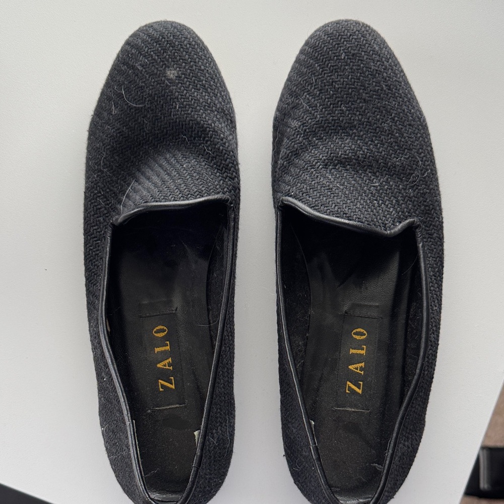 ZALO from Spain. Raffia woven black flats with black leather trim. Size 10